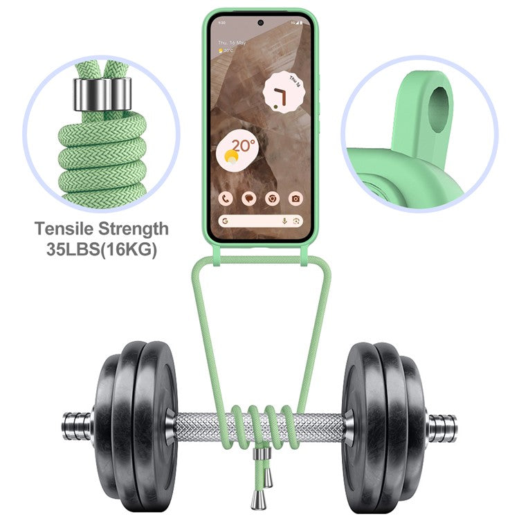 For Google Pixel 8a Case Liquid Silicone Card Holder Phone Back Cover with Lanyard - Green