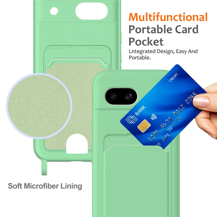 For Google Pixel 8a Case Liquid Silicone Card Holder Phone Back Cover with Lanyard - Green