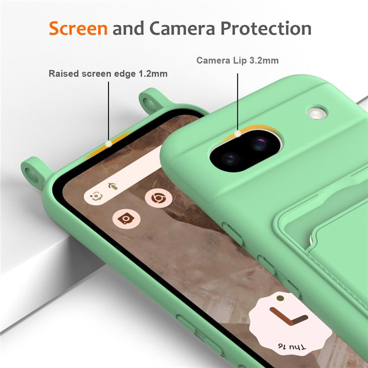 For Google Pixel 8a Case Liquid Silicone Card Holder Phone Back Cover with Lanyard - Green