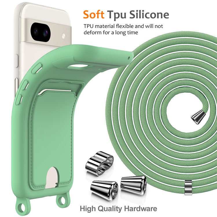 For Google Pixel 8a Case Liquid Silicone Card Holder Phone Back Cover with Lanyard - Green