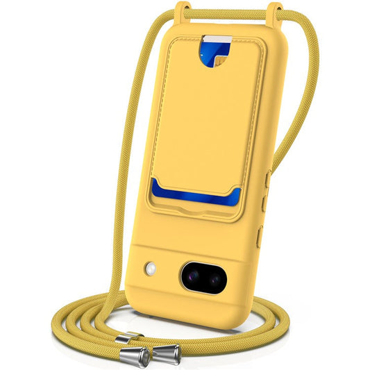 For Google Pixel 8a Case Liquid Silicone Card Holder Phone Back Cover with Lanyard - Yellow