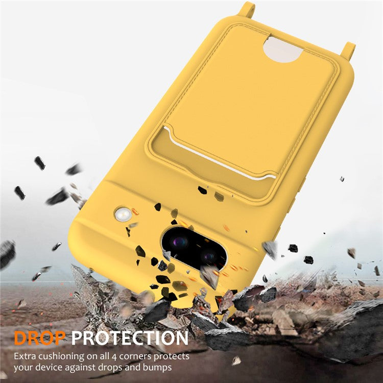 For Google Pixel 8a Case Liquid Silicone Card Holder Phone Back Cover with Lanyard - Yellow