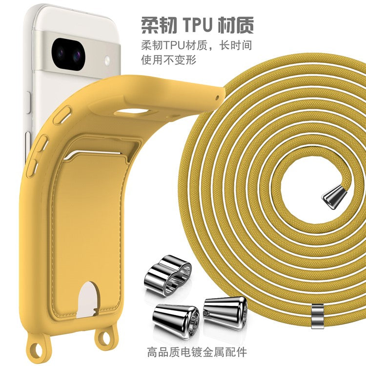 For Google Pixel 8a Case Liquid Silicone Card Holder Phone Back Cover with Lanyard - Yellow