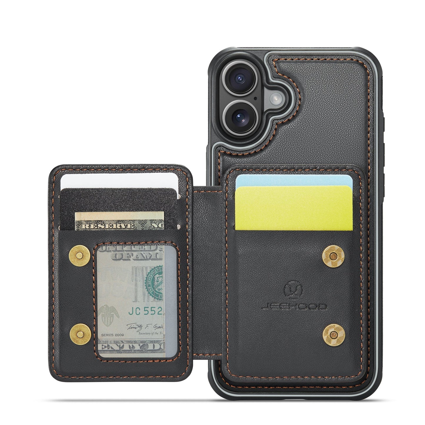 For iPhone 16 Case JEEHOOD J05 Card Holder Kickstand Leather+TPU Phone Cover - Black