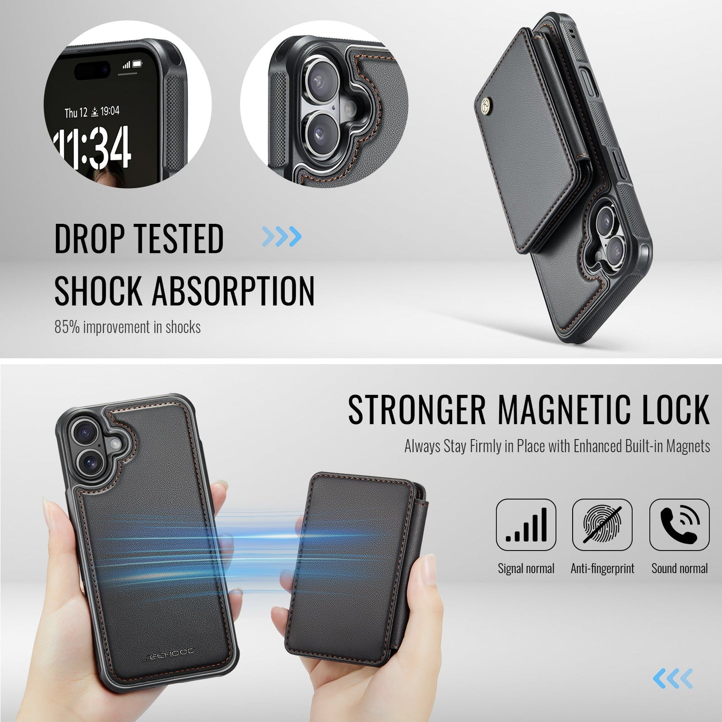 For iPhone 16 Case JEEHOOD J05 Card Holder Kickstand Leather+TPU Phone Cover - Black