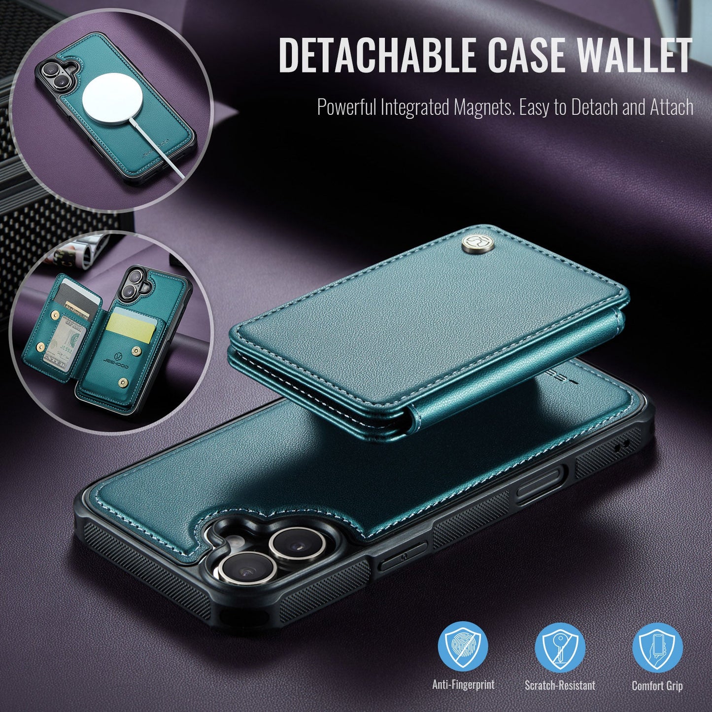For iPhone 16 Case JEEHOOD J05 Card Holder Kickstand Leather+TPU Phone Cover - Blue