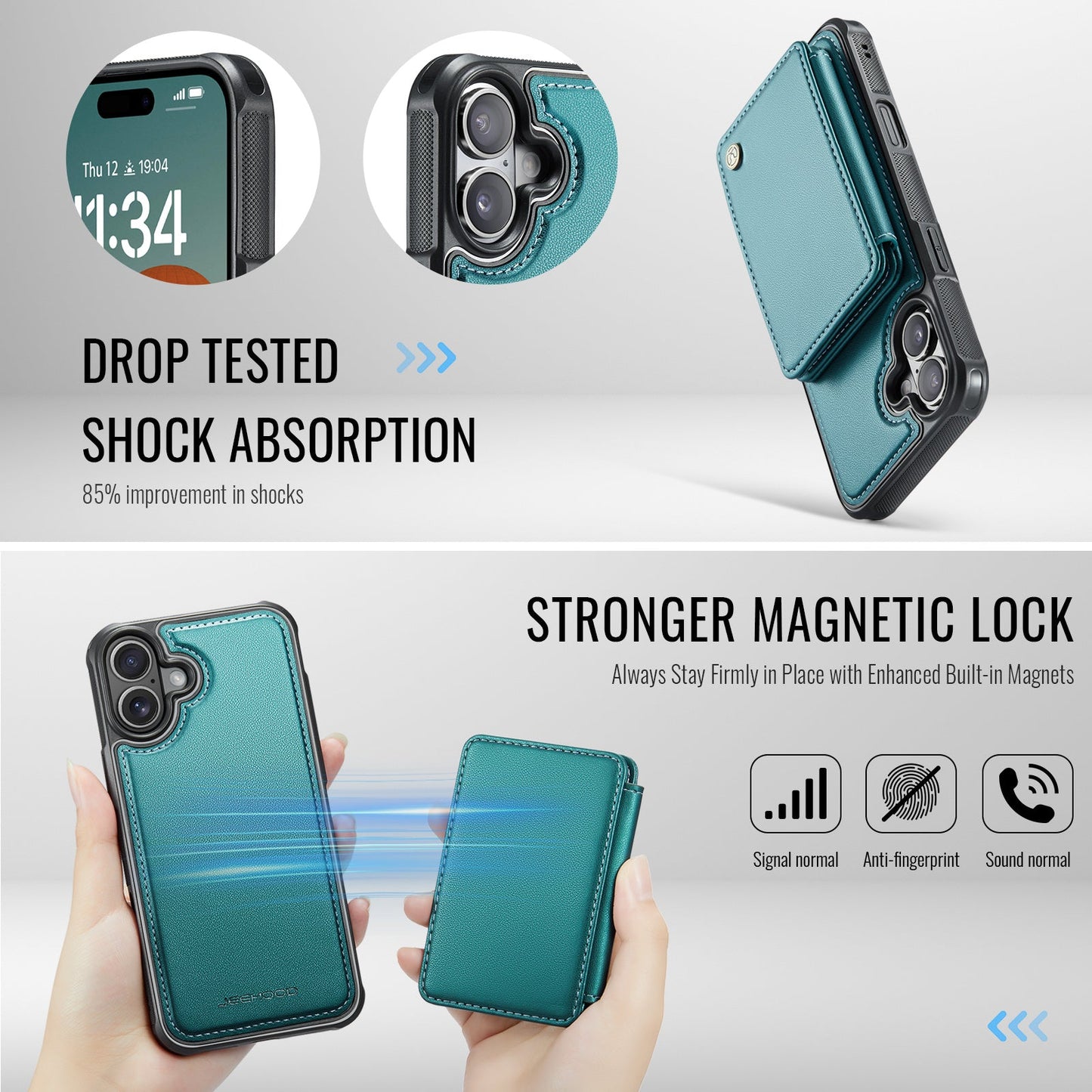 For iPhone 16 Case JEEHOOD J05 Card Holder Kickstand Leather+TPU Phone Cover - Blue