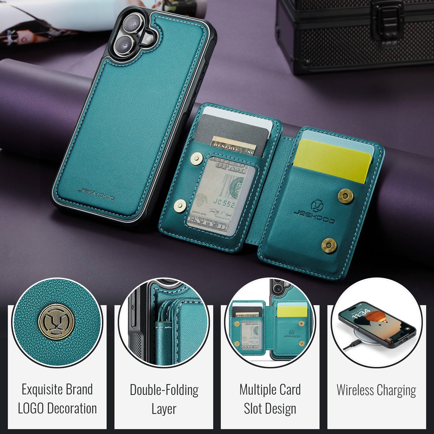 For iPhone 16 Case JEEHOOD J05 Card Holder Kickstand Leather+TPU Phone Cover - Blue