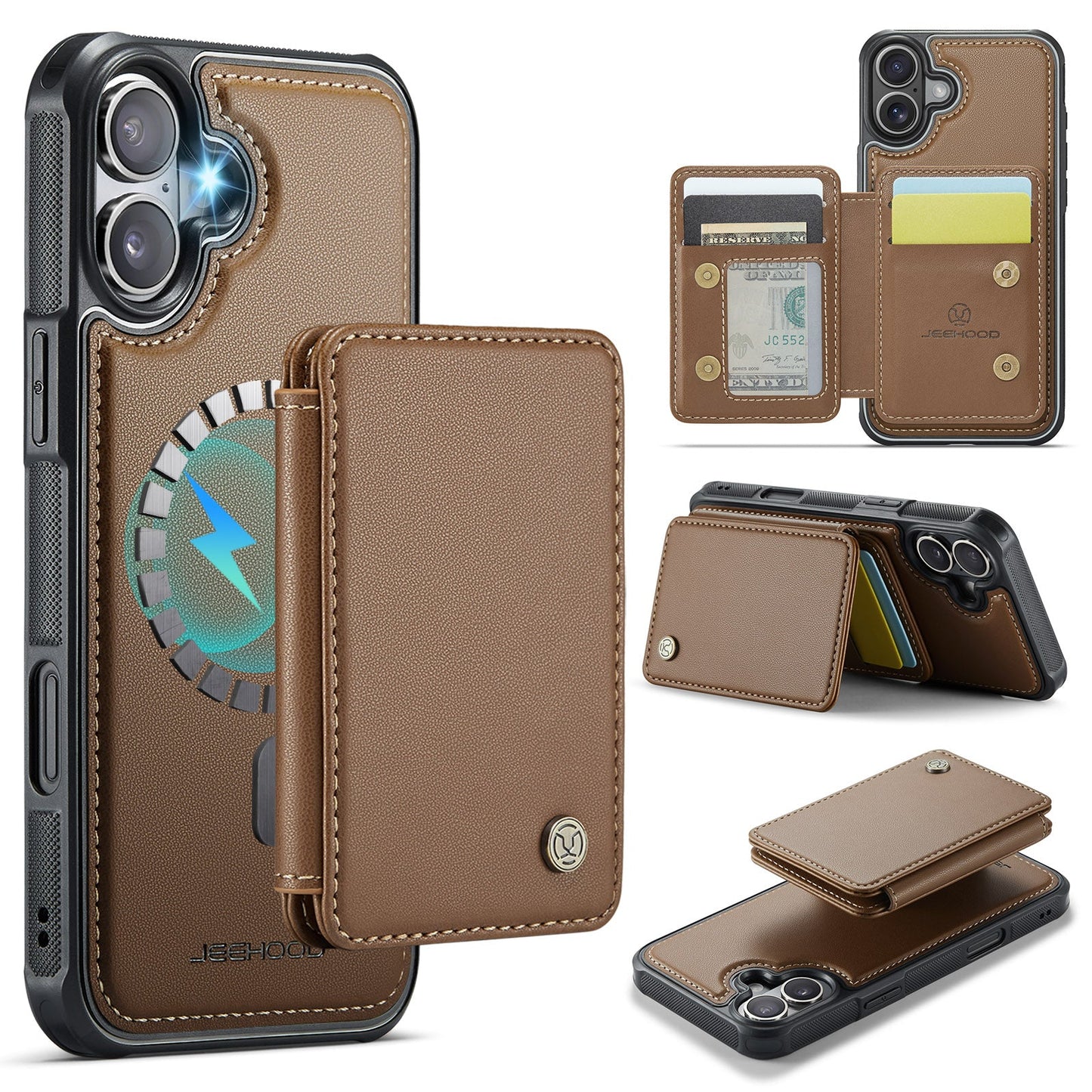 For iPhone 16 Plus Case JEEHOOD J05 Card Holder Kickstand Leather+TPU Phone Cover - Brown