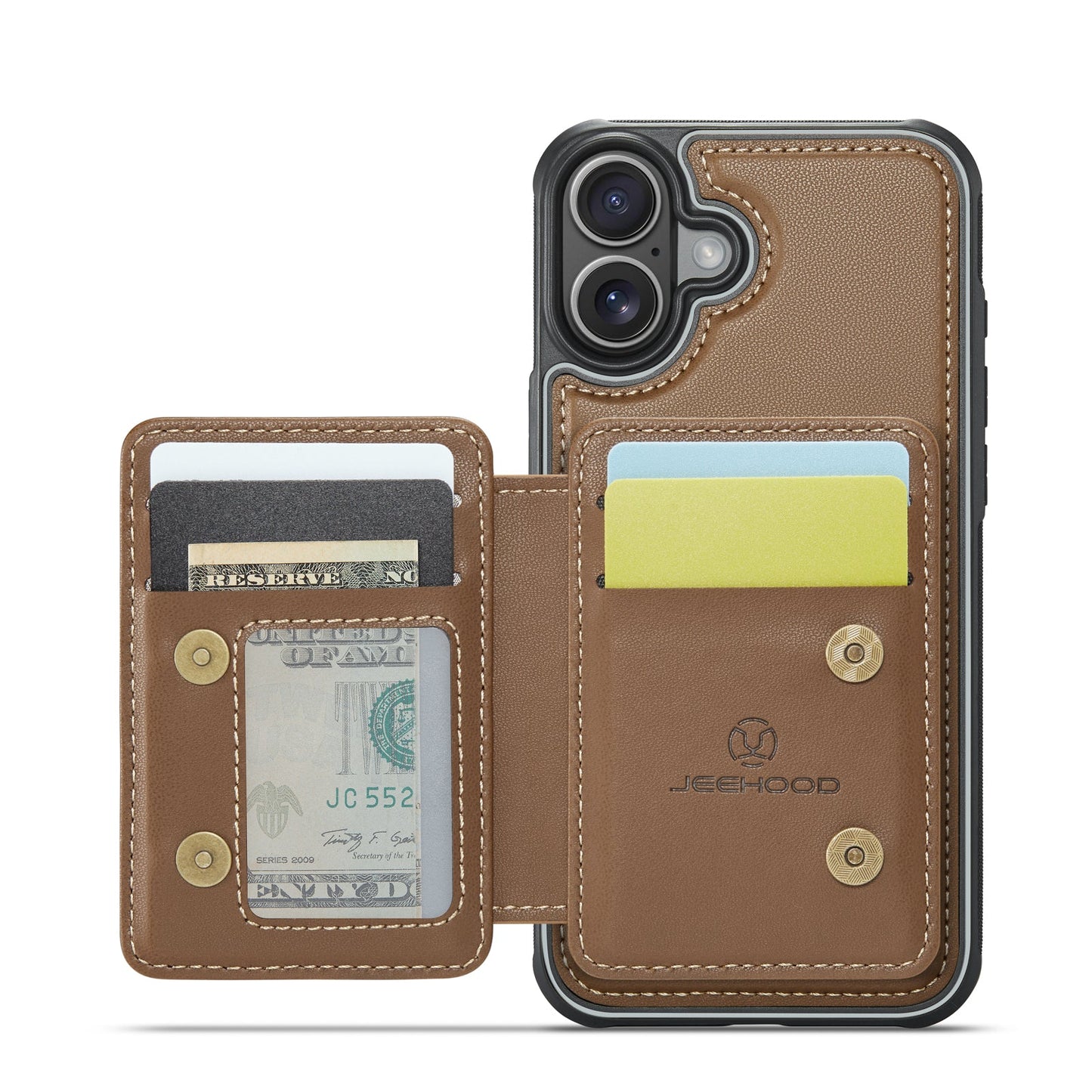 For iPhone 16 Plus Case JEEHOOD J05 Card Holder Kickstand Leather+TPU Phone Cover - Brown