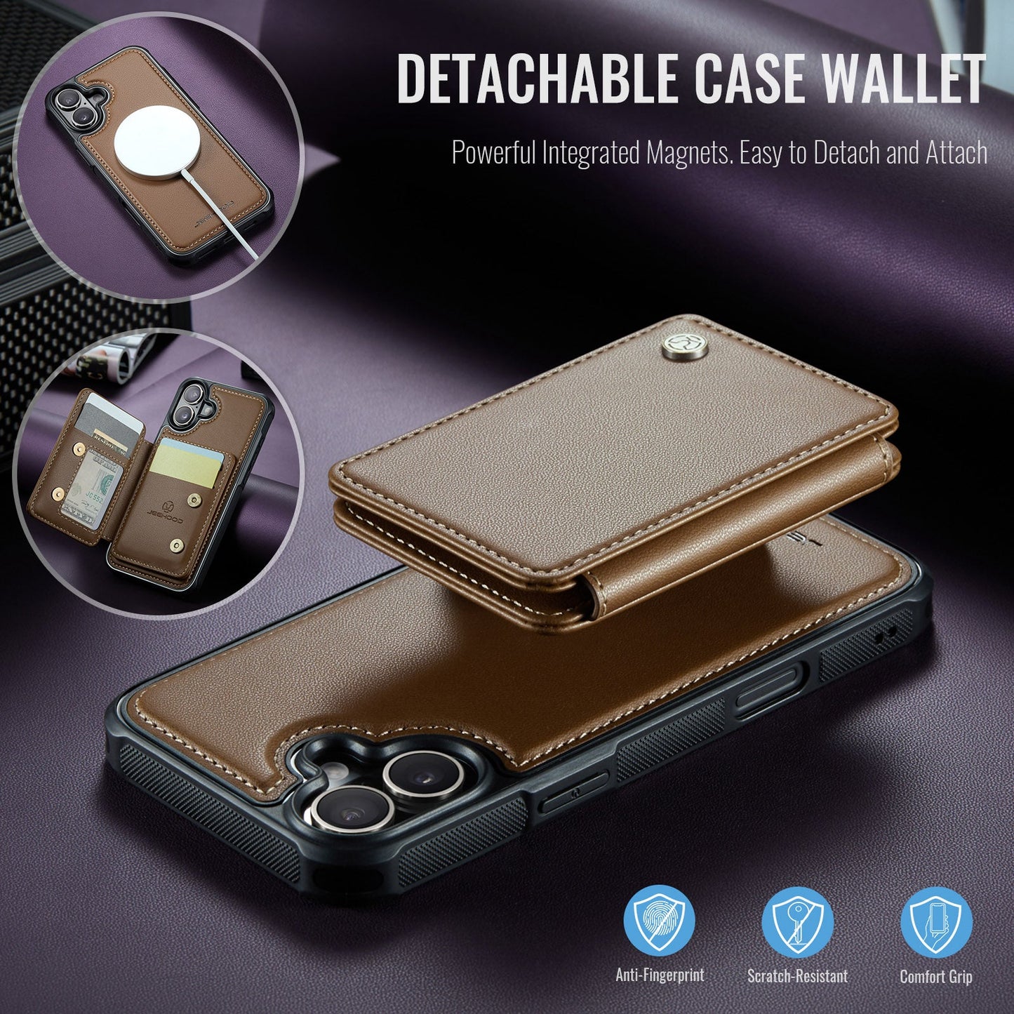 For iPhone 16 Plus Case JEEHOOD J05 Card Holder Kickstand Leather+TPU Phone Cover - Brown
