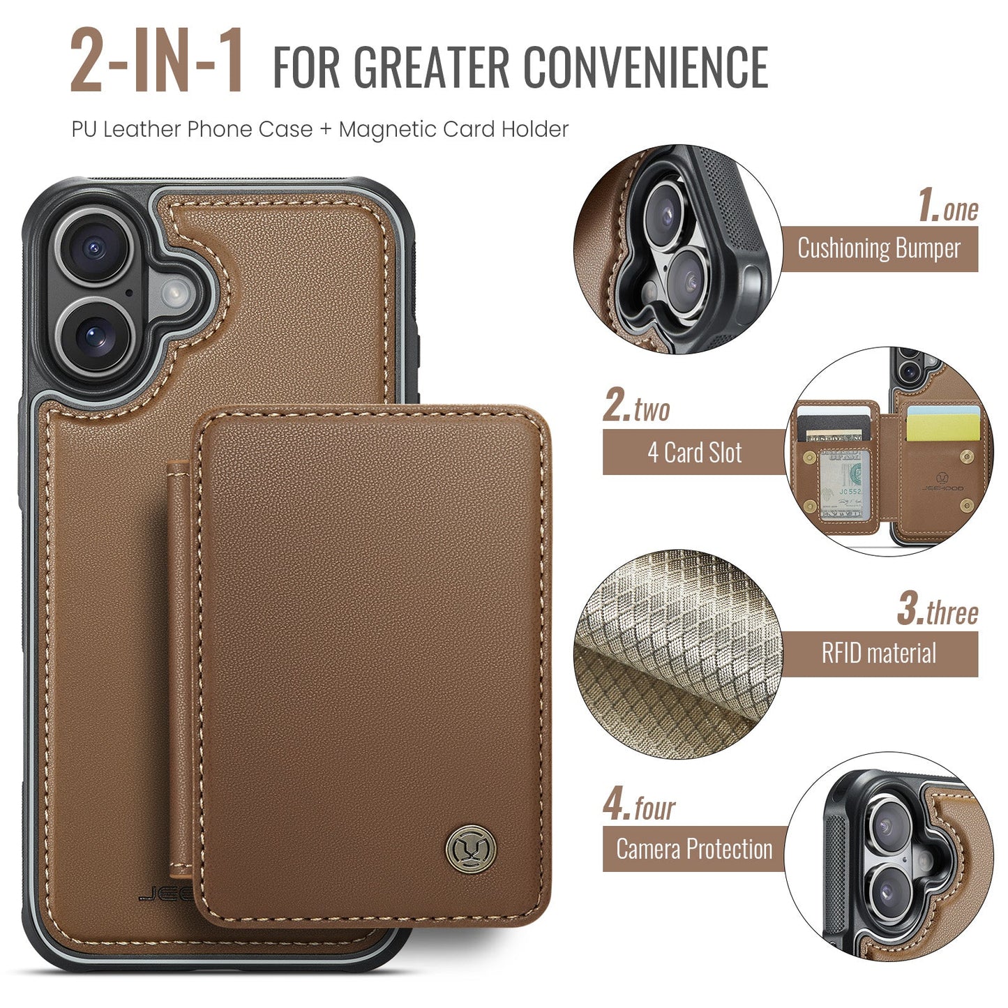 For iPhone 16 Plus Case JEEHOOD J05 Card Holder Kickstand Leather+TPU Phone Cover - Brown