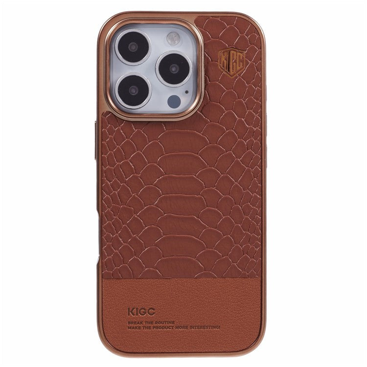 KIGC For iPhone 16 Pro Case Compatible with MagSafe Crocodile Texture PU+PC+TPU Electroplating Phone Cover - Titanium Gold