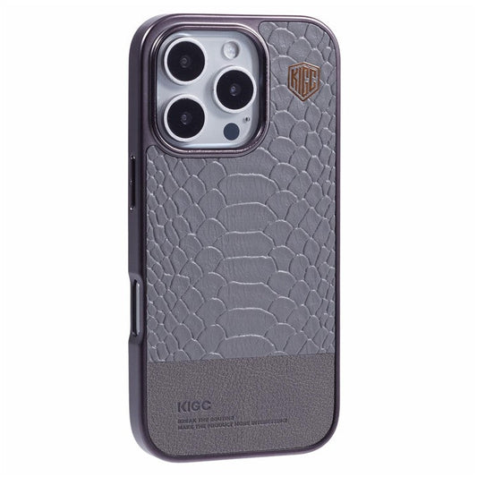 KIGC For iPhone 16 Pro Case Compatible with MagSafe Crocodile Texture PU+PC+TPU Electroplating Phone Cover - Grey