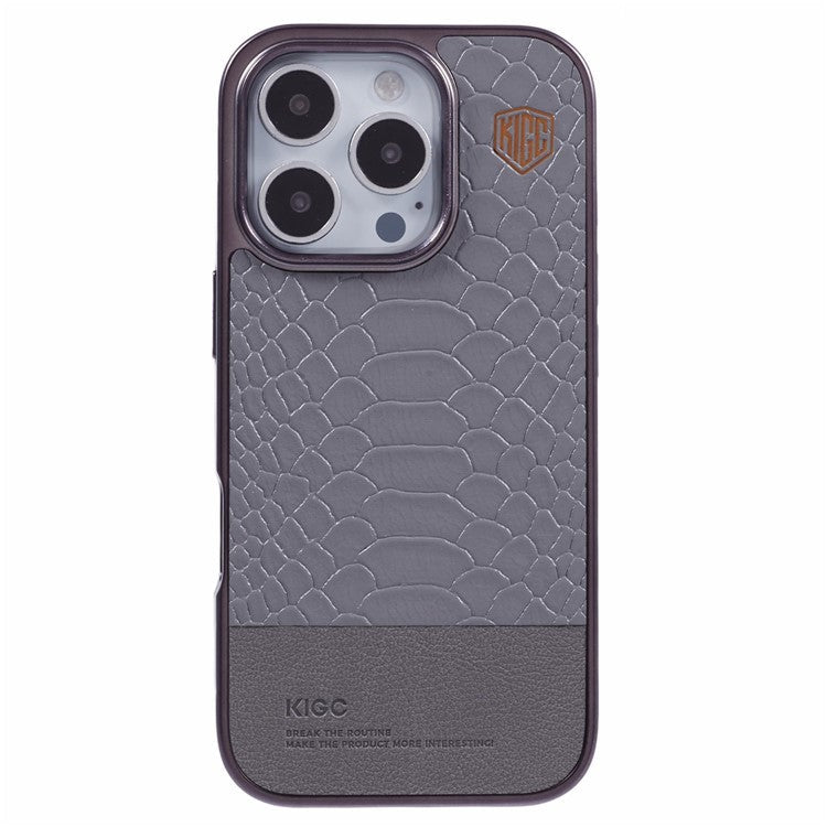 KIGC For iPhone 16 Pro Case Compatible with MagSafe Crocodile Texture PU+PC+TPU Electroplating Phone Cover - Grey