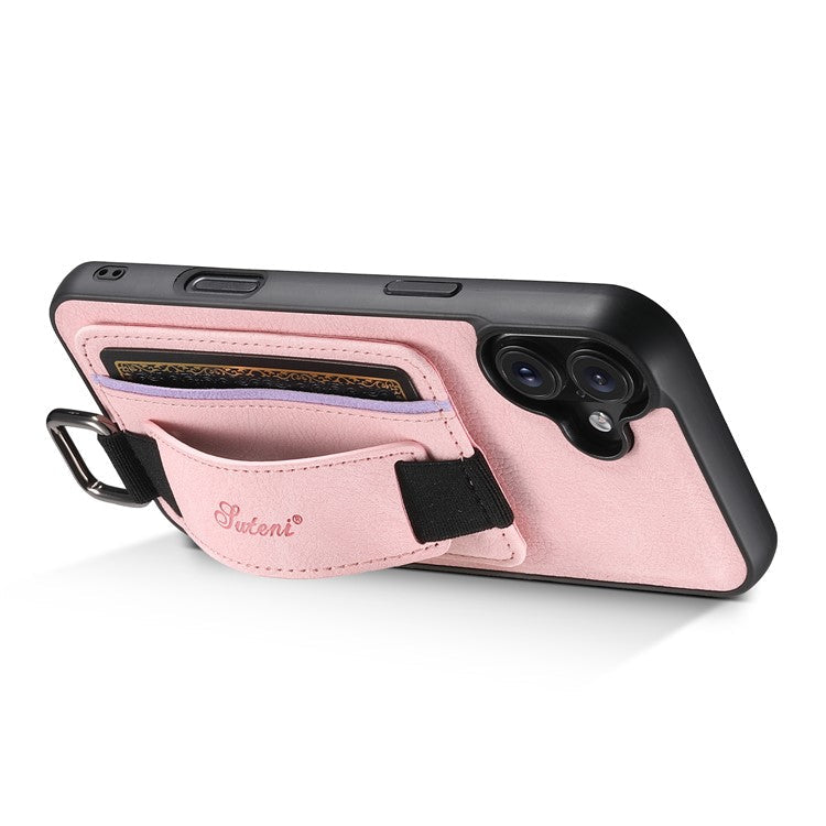 SUTENI H13 For iPhone 16 Plus Case Litchi Texture Leather+TPU+PC Cover with Card Holder Kickstand - Pink