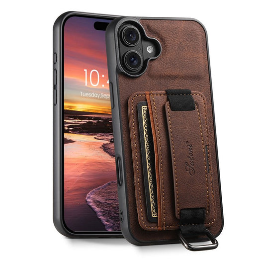 SUTENI H13 For iPhone 16 Case Litchi Texture Leather+TPU+PC Cover with Card Holder Kickstand - Brown