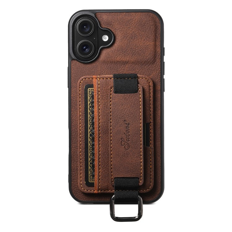 SUTENI H13 For iPhone 16 Case Litchi Texture Leather+TPU+PC Cover with Card Holder Kickstand - Brown