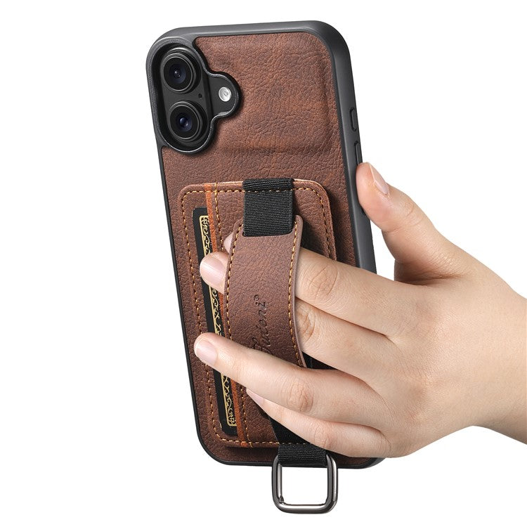 SUTENI H13 For iPhone 16 Case Litchi Texture Leather+TPU+PC Cover with Card Holder Kickstand - Brown