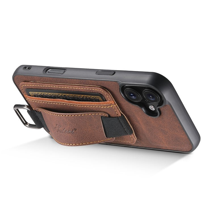 SUTENI H13 For iPhone 16 Case Litchi Texture Leather+TPU+PC Cover with Card Holder Kickstand - Brown