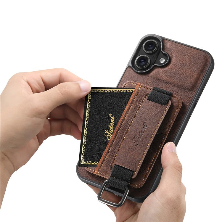 SUTENI H13 For iPhone 16 Case Litchi Texture Leather+TPU+PC Cover with Card Holder Kickstand - Brown