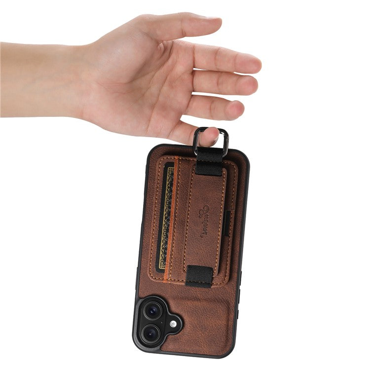 SUTENI H13 For iPhone 16 Case Litchi Texture Leather+TPU+PC Cover with Card Holder Kickstand - Brown