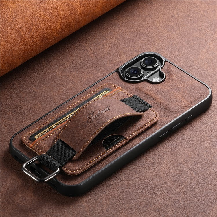 SUTENI H13 For iPhone 16 Case Litchi Texture Leather+TPU+PC Cover with Card Holder Kickstand - Brown