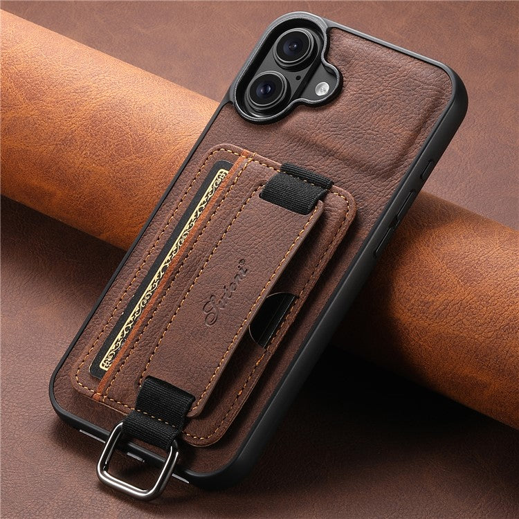 SUTENI H13 For iPhone 16 Case Litchi Texture Leather+TPU+PC Cover with Card Holder Kickstand - Brown