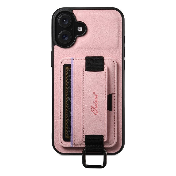 SUTENI H13 For iPhone 16 Case Litchi Texture Leather+TPU+PC Cover with Card Holder Kickstand - Pink
