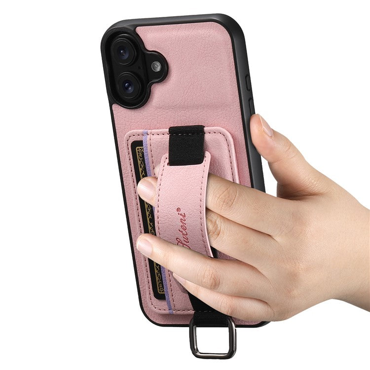 SUTENI H13 For iPhone 16 Case Litchi Texture Leather+TPU+PC Cover with Card Holder Kickstand - Pink
