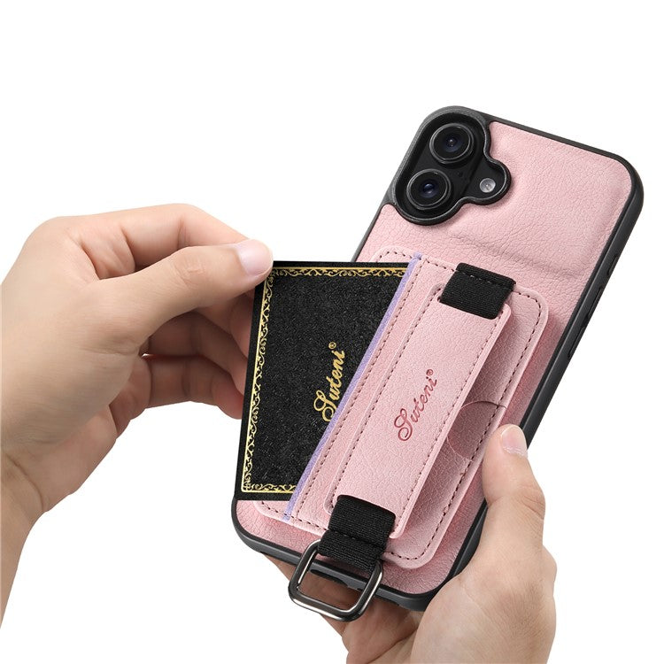 SUTENI H13 For iPhone 16 Case Litchi Texture Leather+TPU+PC Cover with Card Holder Kickstand - Pink