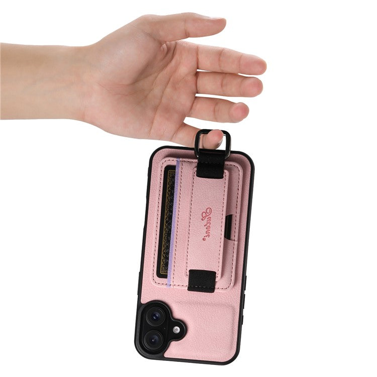 SUTENI H13 For iPhone 16 Case Litchi Texture Leather+TPU+PC Cover with Card Holder Kickstand - Pink