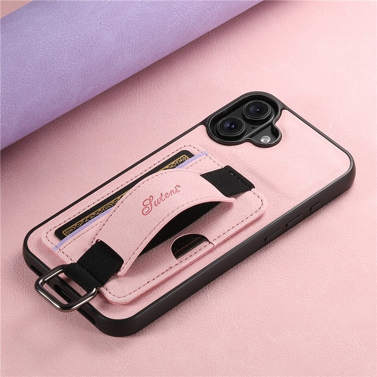 SUTENI H13 For iPhone 16 Case Litchi Texture Leather+TPU+PC Cover with Card Holder Kickstand - Pink