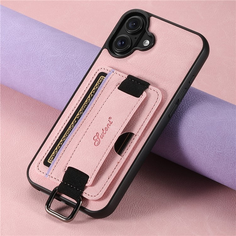 SUTENI H13 For iPhone 16 Case Litchi Texture Leather+TPU+PC Cover with Card Holder Kickstand - Pink