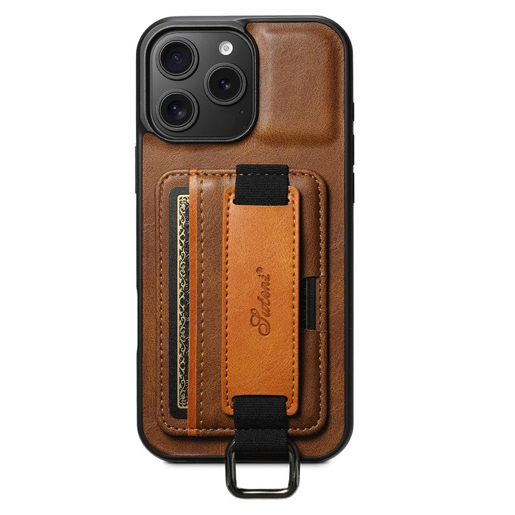 SUTENI H13 For iPhone 16 Pro Case Card Holder Wristband Waxy Texture Leather+TPU+PC Cover - Brown