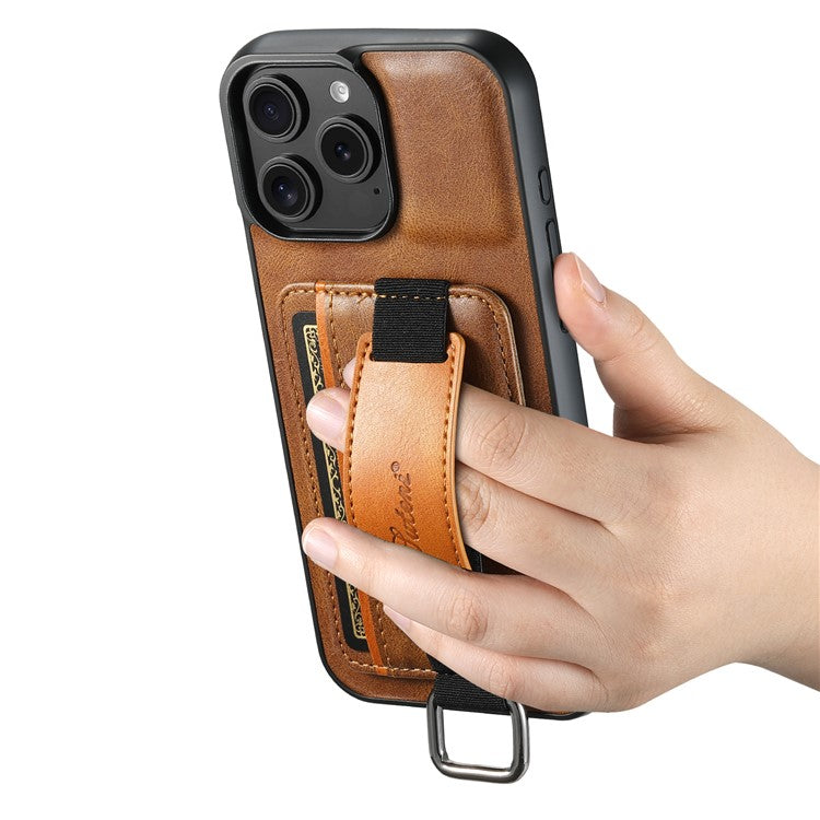 SUTENI H13 For iPhone 16 Pro Case Card Holder Wristband Waxy Texture Leather+TPU+PC Cover - Brown