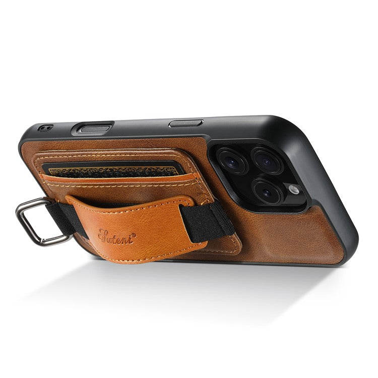 SUTENI H13 For iPhone 16 Pro Case Card Holder Wristband Waxy Texture Leather+TPU+PC Cover - Brown