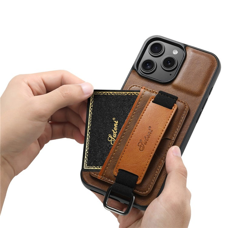SUTENI H13 For iPhone 16 Pro Case Card Holder Wristband Waxy Texture Leather+TPU+PC Cover - Brown
