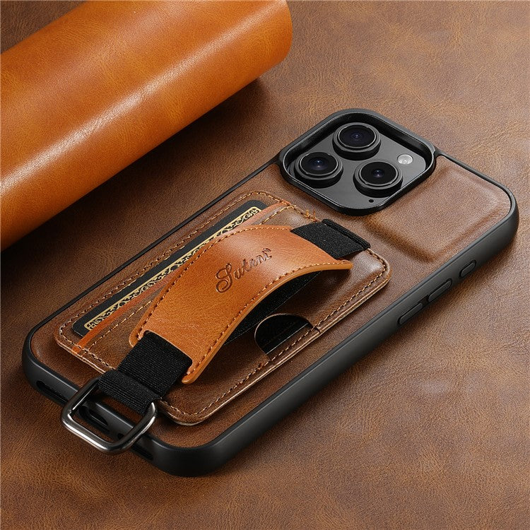 SUTENI H13 For iPhone 16 Pro Case Card Holder Wristband Waxy Texture Leather+TPU+PC Cover - Brown