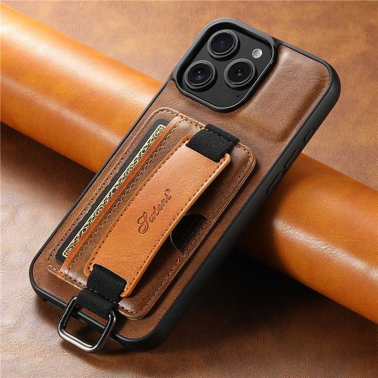 SUTENI H13 For iPhone 16 Pro Case Card Holder Wristband Waxy Texture Leather+TPU+PC Cover - Brown
