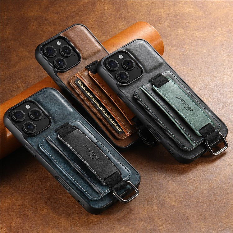 SUTENI H13 For iPhone 16 Pro Case Card Holder Wristband Waxy Texture Leather+TPU+PC Cover - Brown