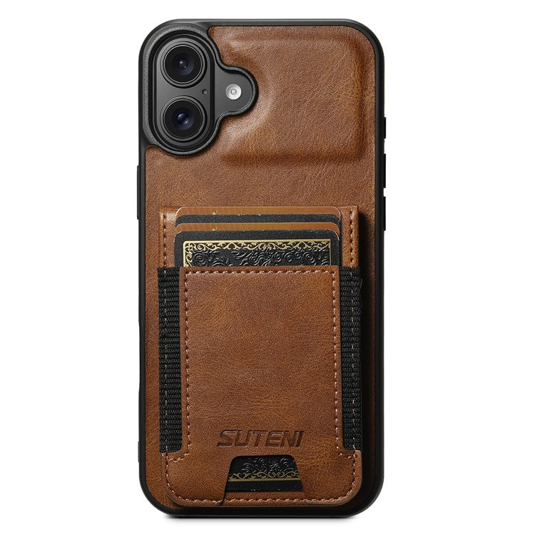 SUTENI H03 For iPhone 16 Case Card Holder Waxy Texture Leather+TPU Phone Cover - Brown
