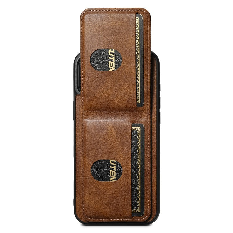 SUTENI H03 For iPhone 16 Case Card Holder Waxy Texture Leather+TPU Phone Cover - Brown