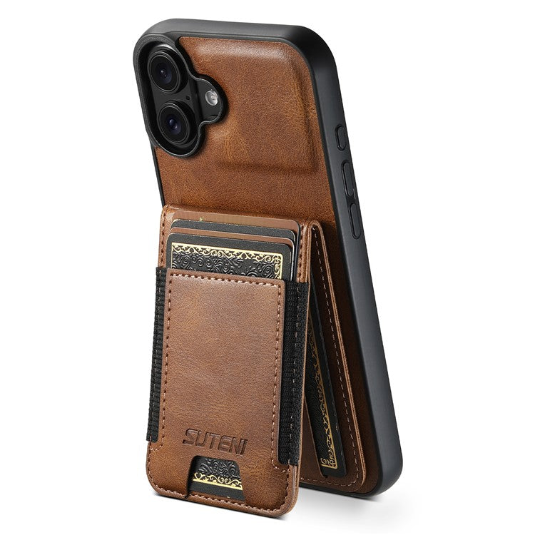SUTENI H03 For iPhone 16 Case Card Holder Waxy Texture Leather+TPU Phone Cover - Brown