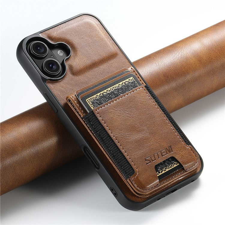 SUTENI H03 For iPhone 16 Case Card Holder Waxy Texture Leather+TPU Phone Cover - Brown