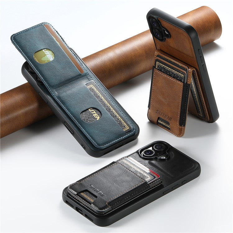 SUTENI H03 For iPhone 16 Case Card Holder Waxy Texture Leather+TPU Phone Cover - Brown