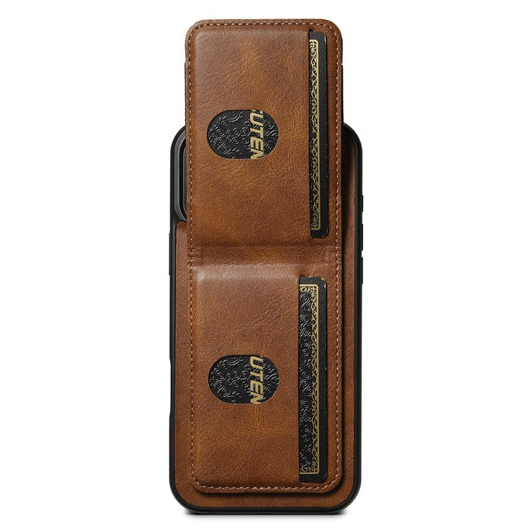 SUTENI H03 For iPhone 16 Pro Case Card Holder Waxy Texture Leather+TPU Phone Cover - Brown