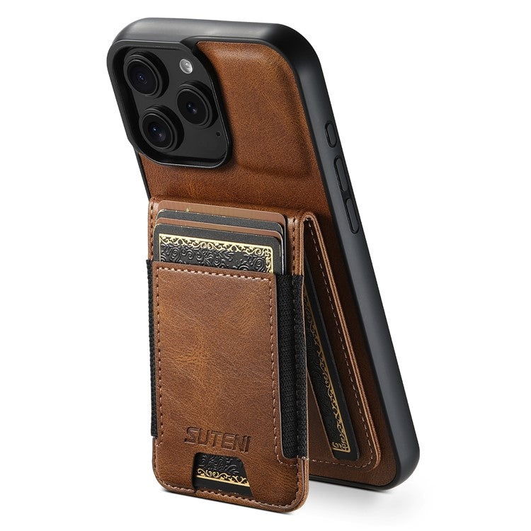 SUTENI H03 For iPhone 16 Pro Case Card Holder Waxy Texture Leather+TPU Phone Cover - Brown