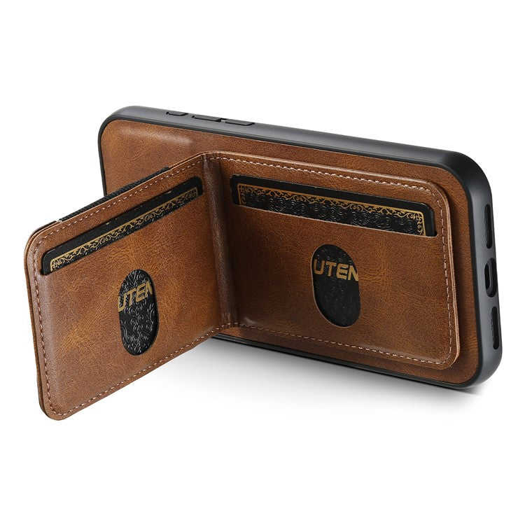 SUTENI H03 For iPhone 16 Pro Case Card Holder Waxy Texture Leather+TPU Phone Cover - Brown