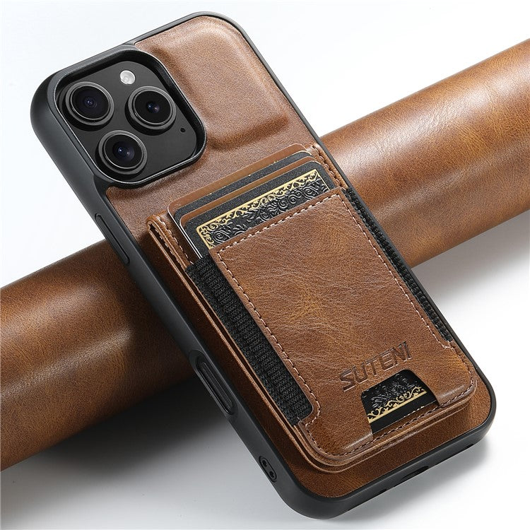SUTENI H03 For iPhone 16 Pro Case Card Holder Waxy Texture Leather+TPU Phone Cover - Brown
